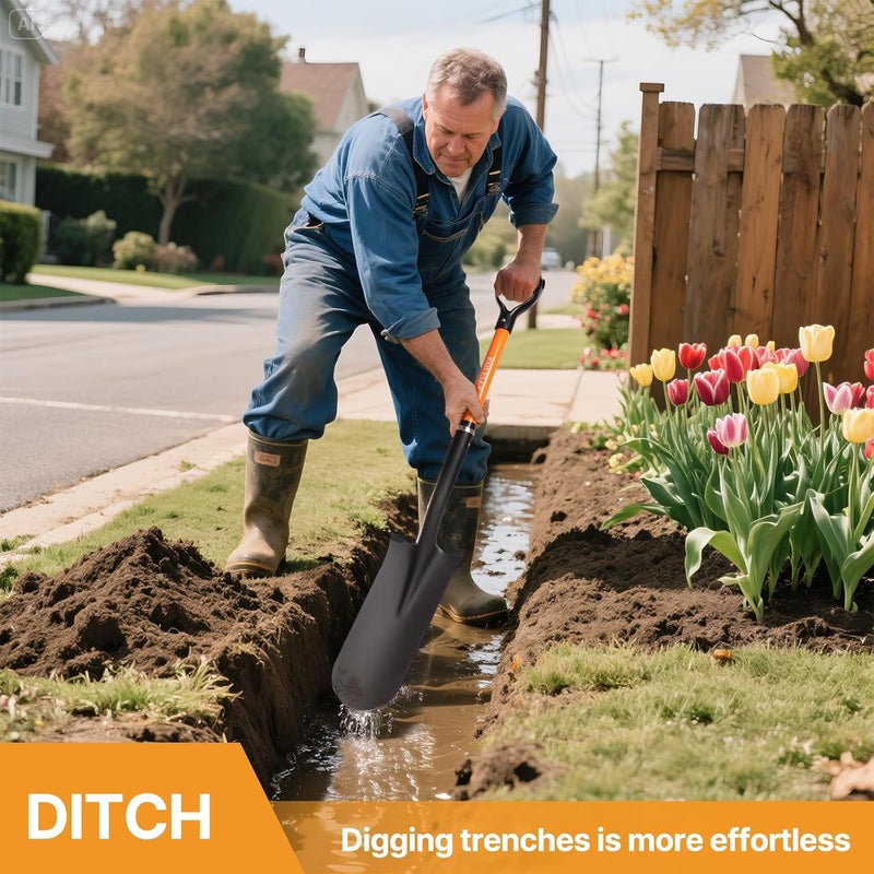 KOLEIYA 45-Inch Heavy Duty Orange Fiberglass Handle Drain Spade Shovel.Sharp Shooter Digging Shovel for Gardening,Planting and Trenching.Durable Spade Shovel for Heavy Duty Digging and Drainage - Image 4